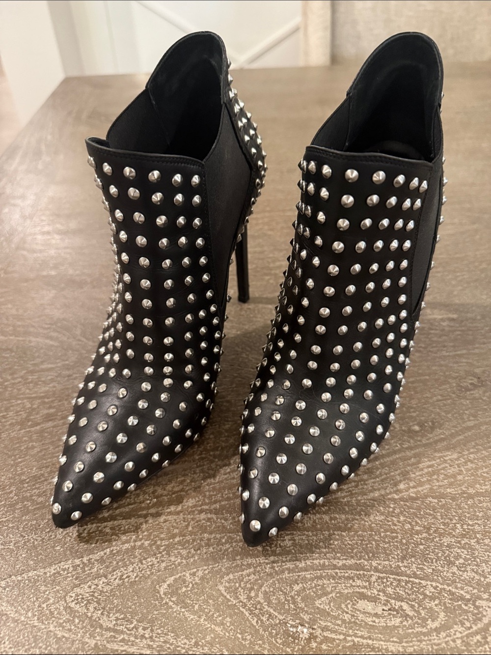 Yves Saint Laurent Black Leather Studded Pointed-Heel Booties